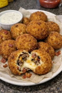 Cheesy bacon ranch cheeseburger stuffed mozzarella bombs on a plate