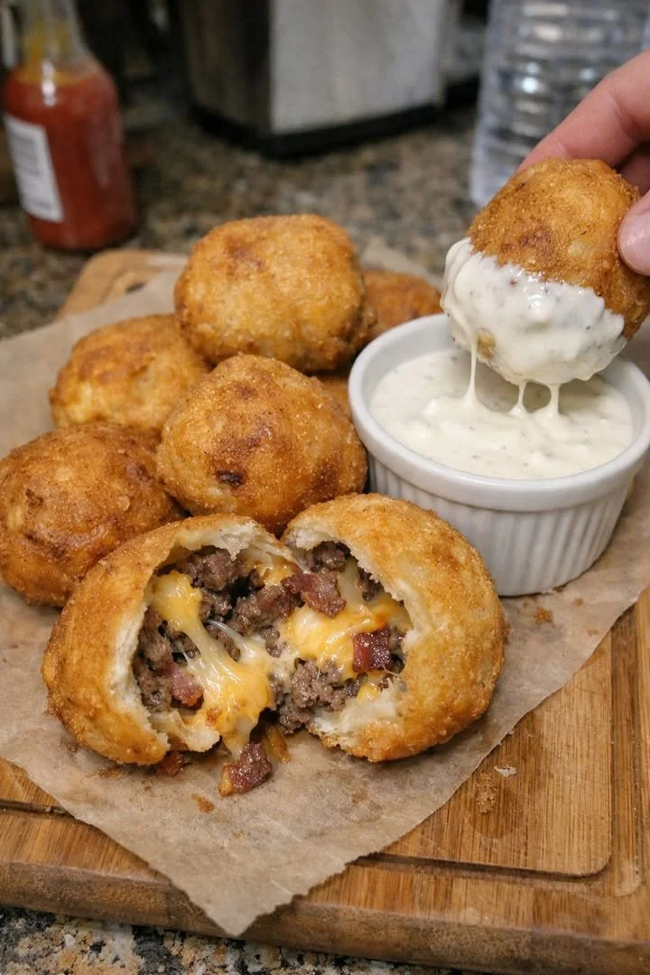 Cheesy Bacon Ranch Cheeseburger Stuffed Mozzarella Bombs ready to serve