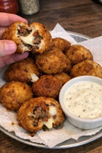Cheesy Bacon Ranch Cheeseburger stuffed mozzarella bombs on a plate