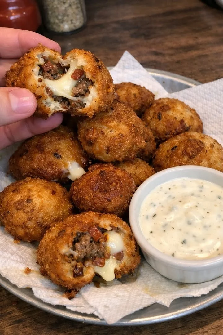 Cheesy Bacon Ranch Cheeseburger stuffed mozzarella bombs on a plate