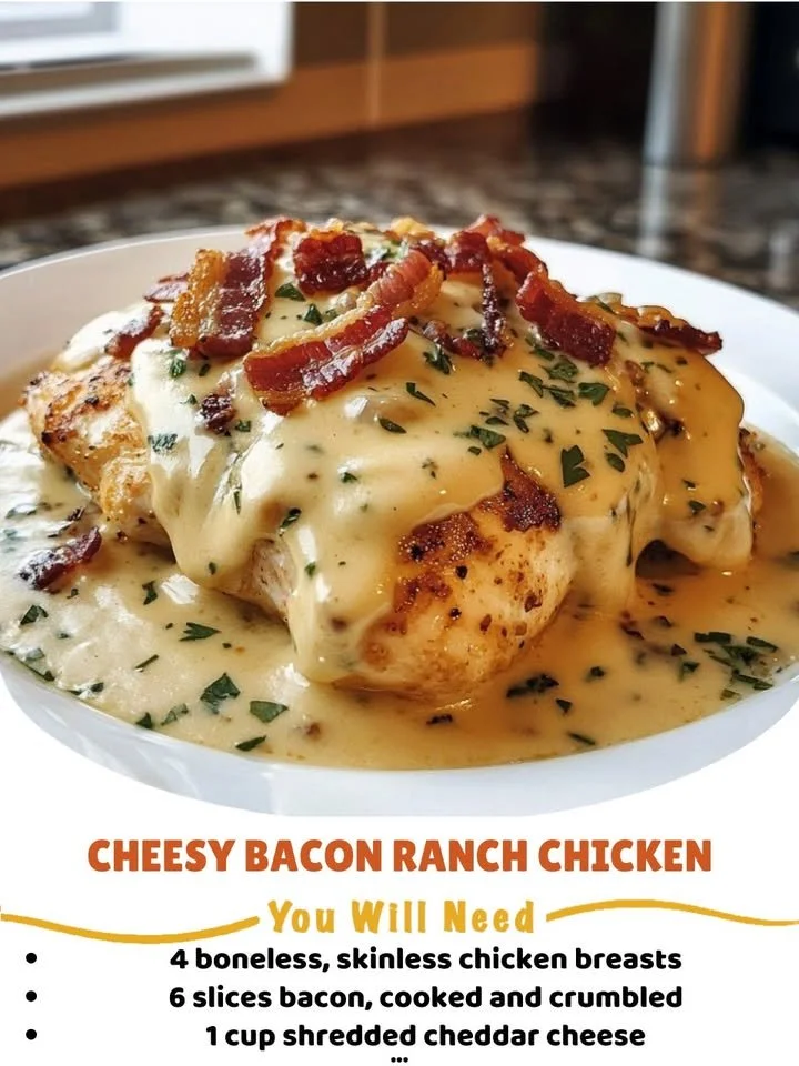 Delicious Cheesy Bacon Ranch Chicken garnished with herbs and served with sides