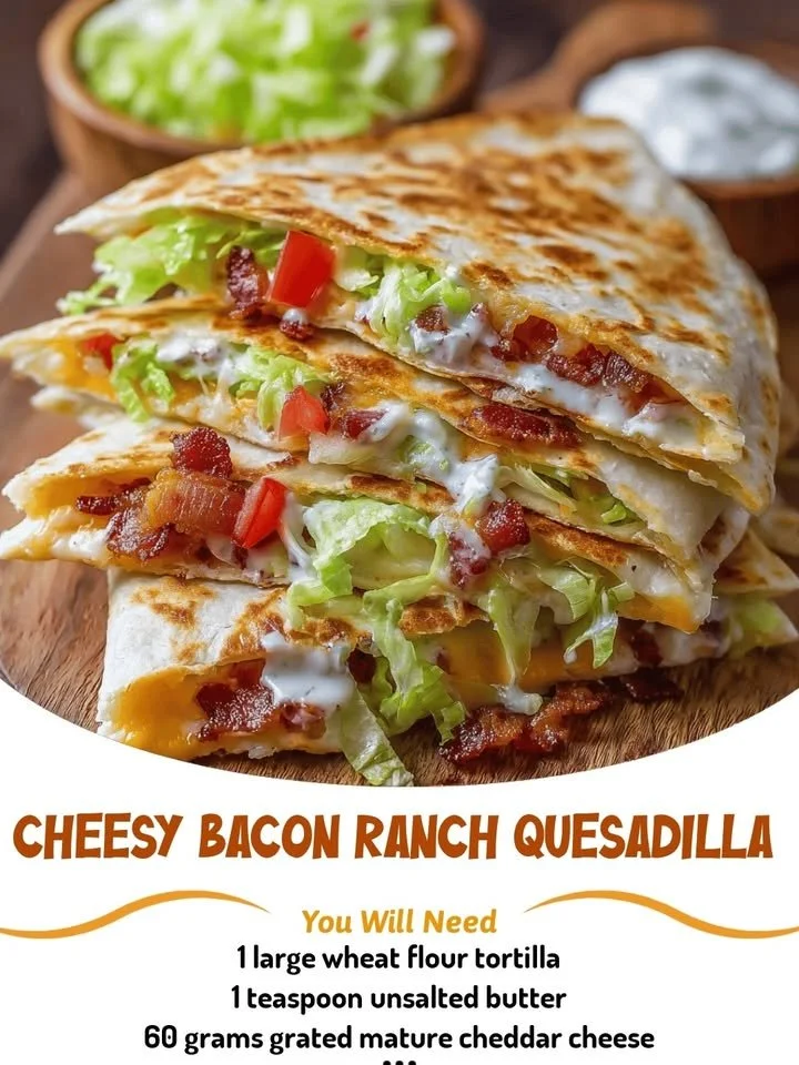 Cheesy bacon ranch quesadilla with melted cheese and crispy bacon slices