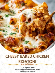 Cheesy Baked Chicken Rigatoni served in a bowl with herbs and cheese on top