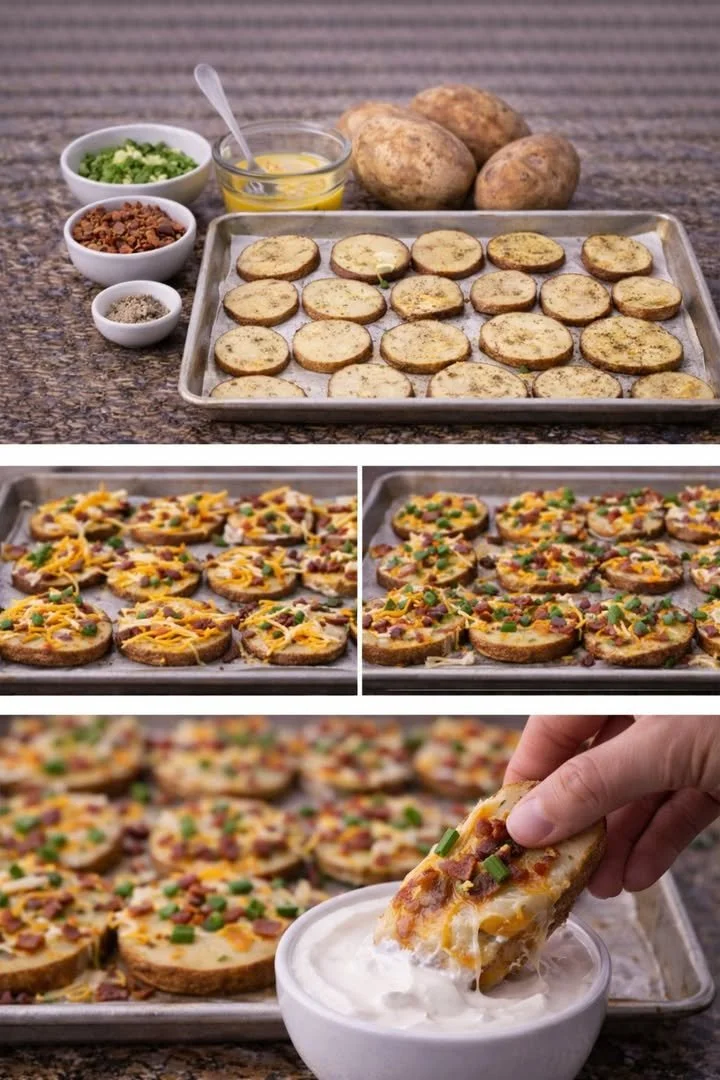 Delicious cheesy baked potato slices topped with herbs and melted cheese.