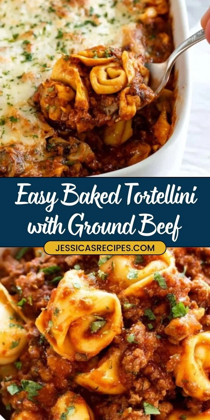 Cheesy baked tortellini with beef served in a casserole dish