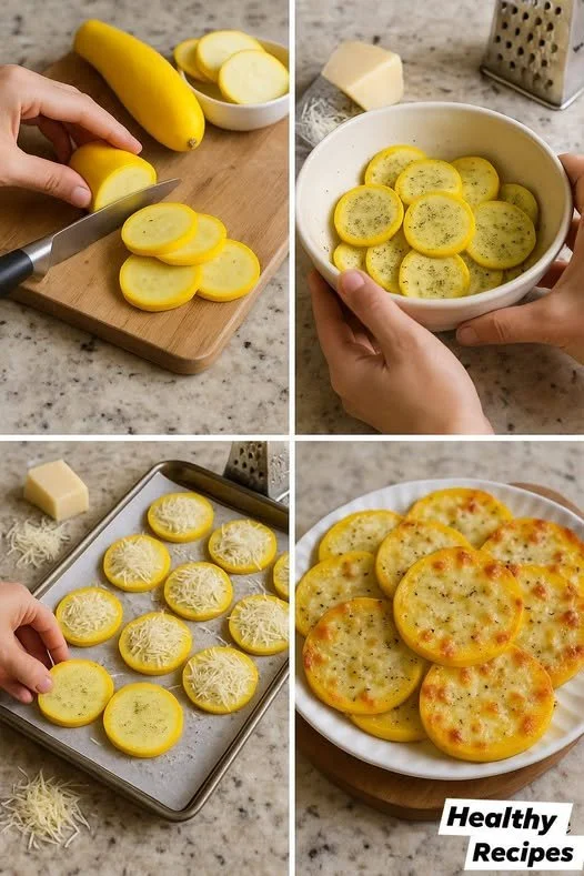 Cheesy baked yellow squash rounds topped with melted cheese and herbs