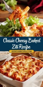 Delicious cheesy baked ziti served in a dish, garnished with herbs.