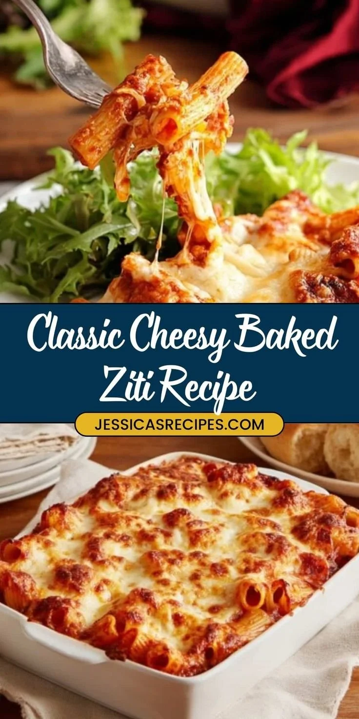 Delicious cheesy baked ziti served in a dish, garnished with herbs.