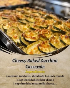 Delicious cheesy baked zucchini casserole served hot and fresh