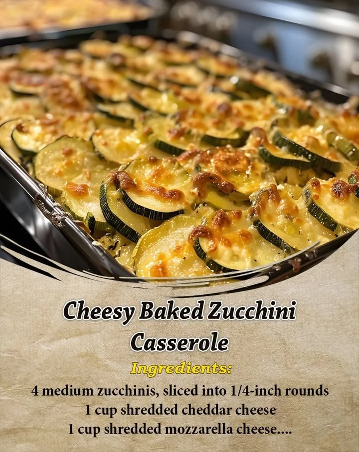 Delicious cheesy baked zucchini casserole served hot and fresh