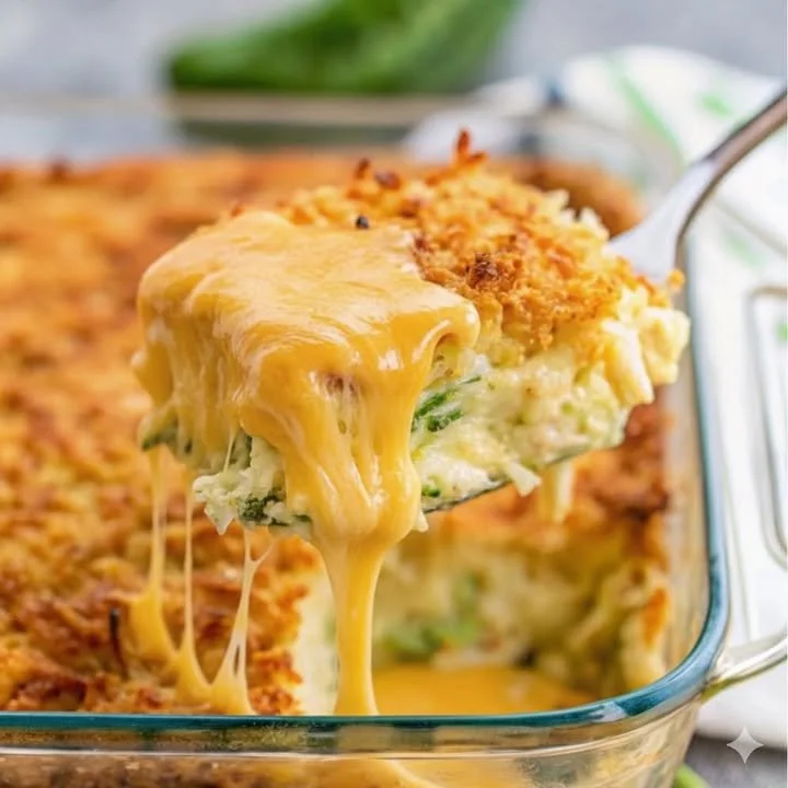 Cheesy baked zucchini casserole fresh from the oven, garnished with herbs.