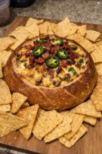 Cheesy BBQ Bacon Jalapeño Burger Dip served in a bread bowl