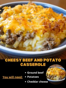 Delicious Cheesy Beef and Potato Casserole baked and ready to serve.