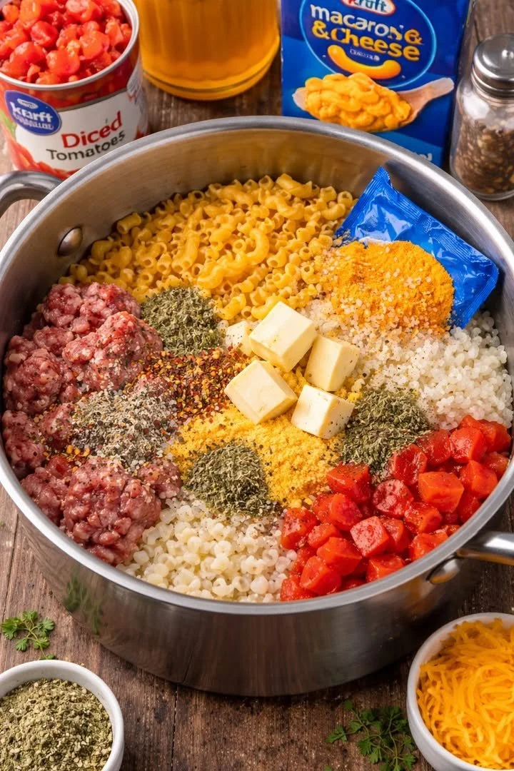 Delicious one-pot cheesy beef macaroni served in a bowl.