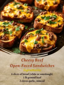 Cheesy beef open-faced sandwich with melted cheese and tender beef