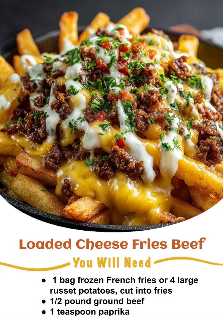 Plate of cheesy beefy loaded fries topped with beef and melted cheese