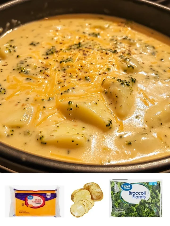 A bowl of cheesy broccoli potato soup garnished with fresh herbs and cheese