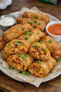 Cheesy Buffalo Chicken Egg Rolls with bacon served on a plate