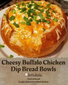 Buffalo Chicken Dip served in cheesy bread bowls for a tasty snack