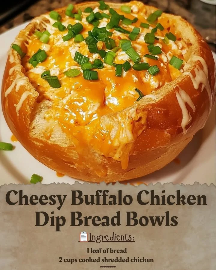 Buffalo Chicken Dip served in cheesy bread bowls for a tasty snack