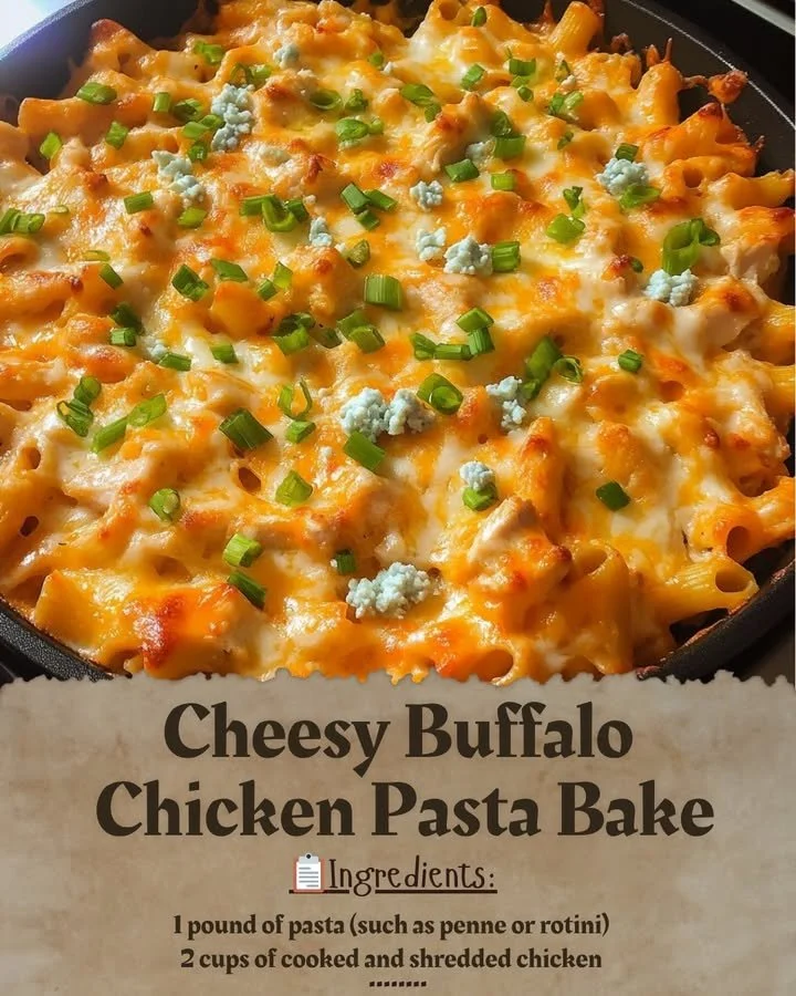 Cheesy Buffalo Chicken Pasta Bake topped with melted cheese and herbs