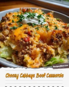 Cheesy Cabbage Beef Casserole with melted cheese and beef on a plate