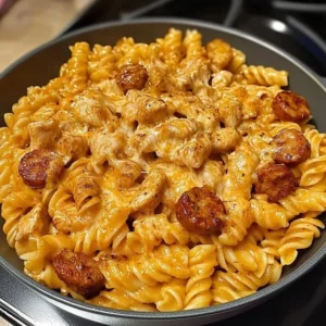 Cheesy Cajun Chicken and Sausage Pasta topped with parsley