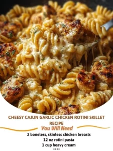 Cheesy Cajun Garlic Chicken Rotini Skillet garnished with parsley in a skillet