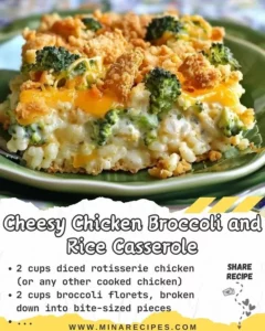 Cheesy Chicken Broccoli and Rice Casserole served in a baking dish