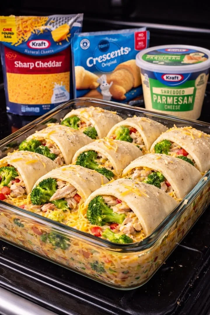 Cheesy Chicken & Broccoli Crescent Bake with golden crust and melted cheese