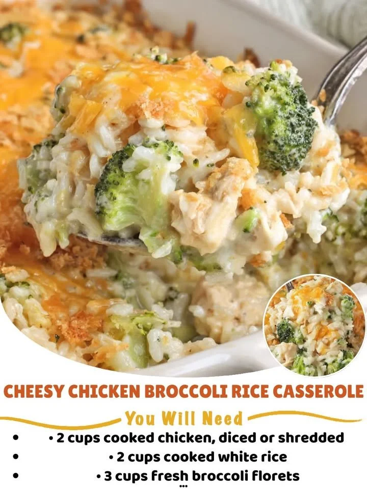Cheesy chicken broccoli rice casserole topped with cheese and baked to perfection