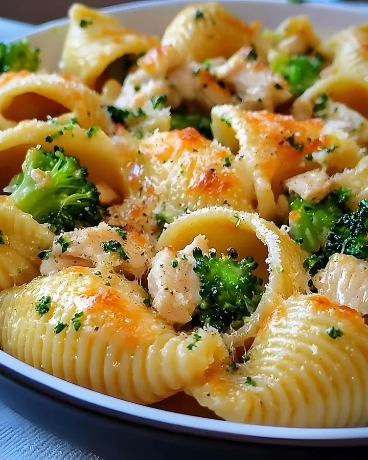 Delicious Cheesy Chicken & Broccoli Shells casserole topped with melted cheese