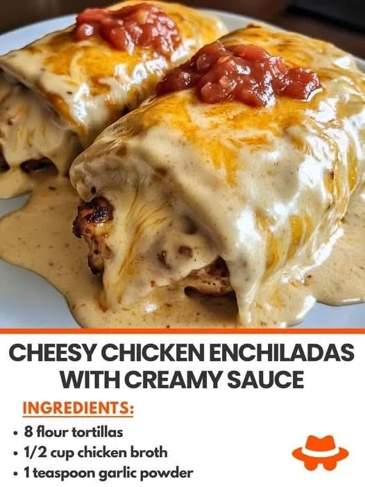 Cheesy chicken enchiladas topped with creamy sauce on a plate