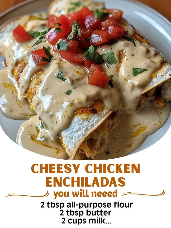 Delicious cheesy chicken enchiladas topped with creamy sauce