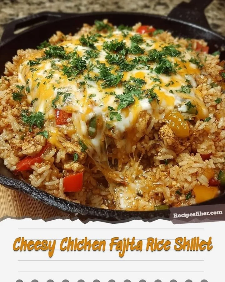 Cheesy chicken fajita rice skillet topped with colorful veggies and melted cheese