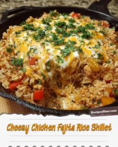 Cheesy Chicken Fajita Rice Skillet served in a cast-iron pan with colorful peppers.