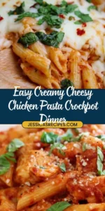 Cheesy chicken pasta dish cooked in a crockpot with melted cheese and pasta