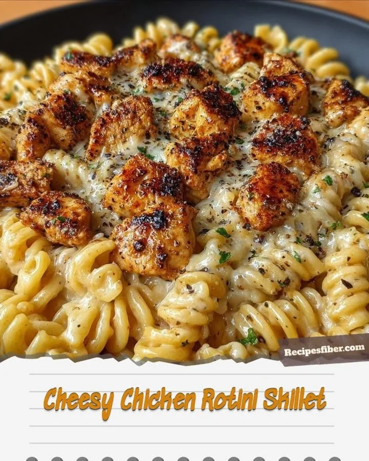 Cheesy Chicken Rotini Skillet with chicken, pasta, and melted cheese
