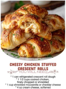 Cheesy chicken stuffed crescent rolls ready to serve on a plate.