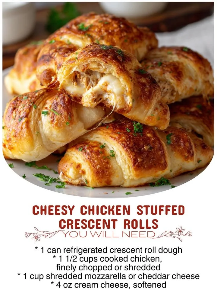 Cheesy chicken stuffed crescent rolls ready to serve on a plate.