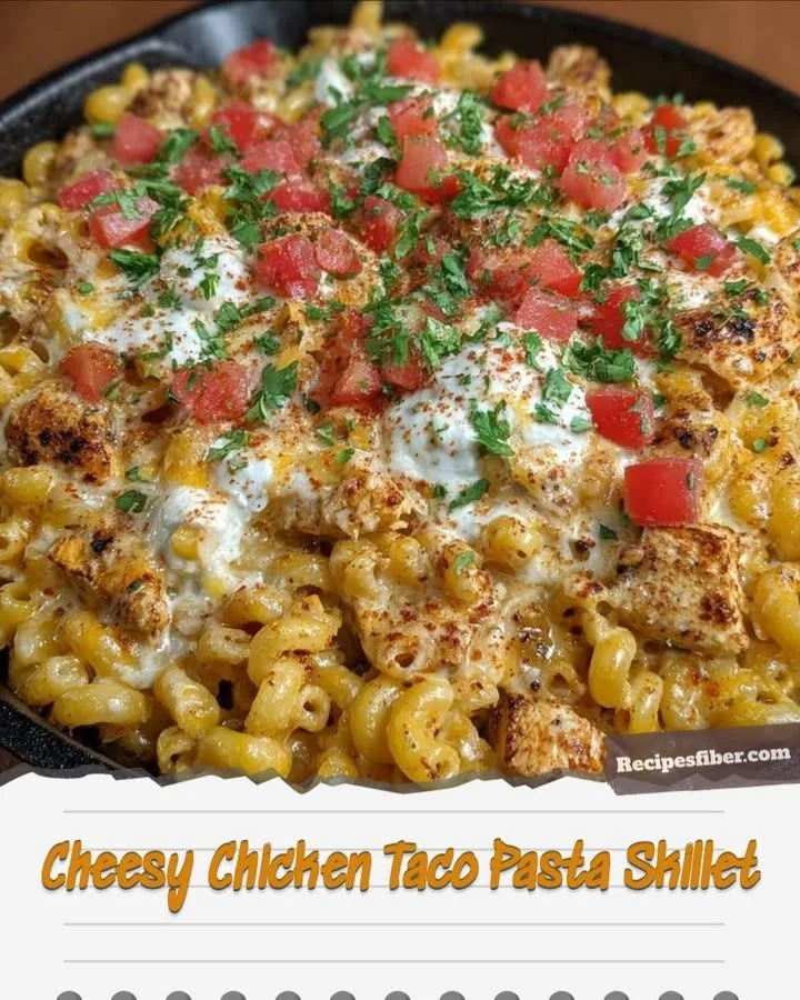 Cheesy Chicken Taco Pasta Skillet topped with fresh herbs and cheese