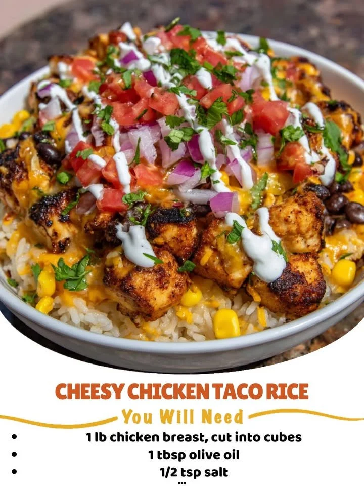 Cheesy Chicken Taco Rice topped with cheese and garnishes