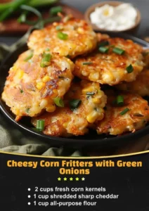 Cheesy corn fritters with green onions served on a plate