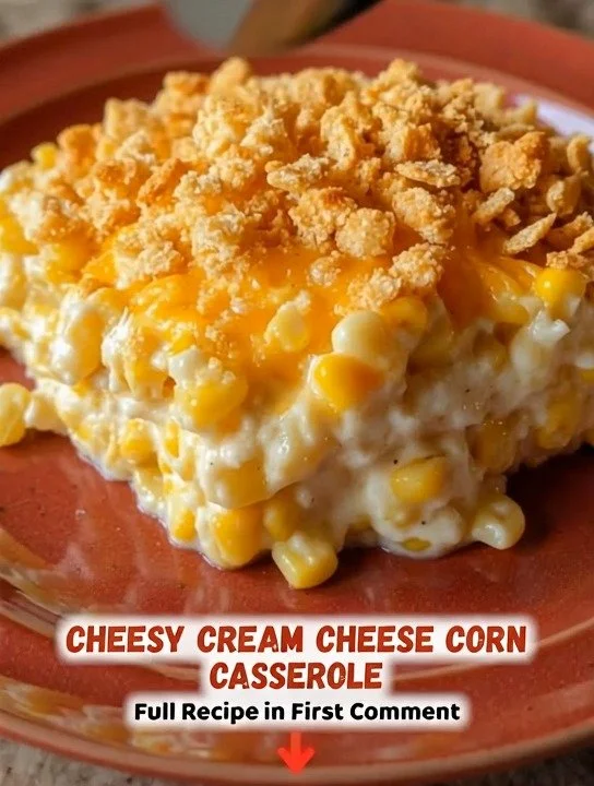 Cheesy Cream Cheese Corn Casserole topped with fresh herbs in a baking dish.