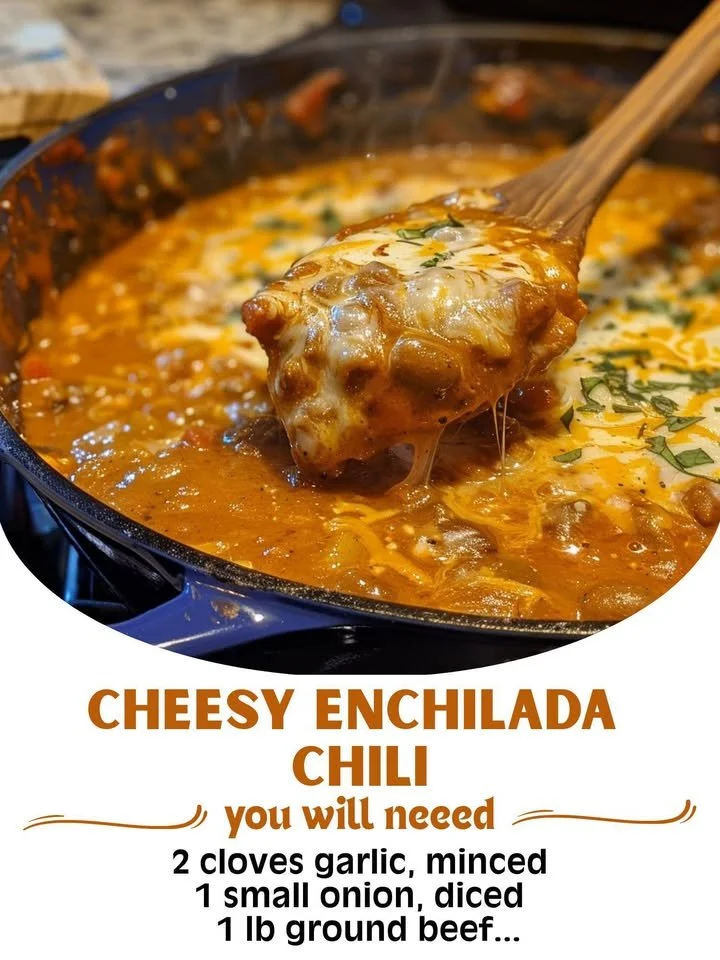 Bowl of cheesy enchilada chili topped with cheese and herbs