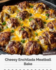 Cheesy enchilada meatball bake topped with melted cheese and fresh cilantro