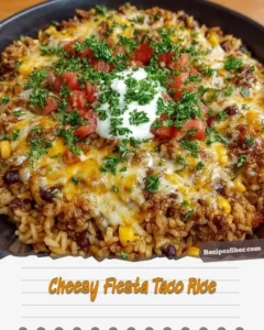 Cheesy Fiesta Taco Rice topped with cheese and fresh ingredients in a bowl
