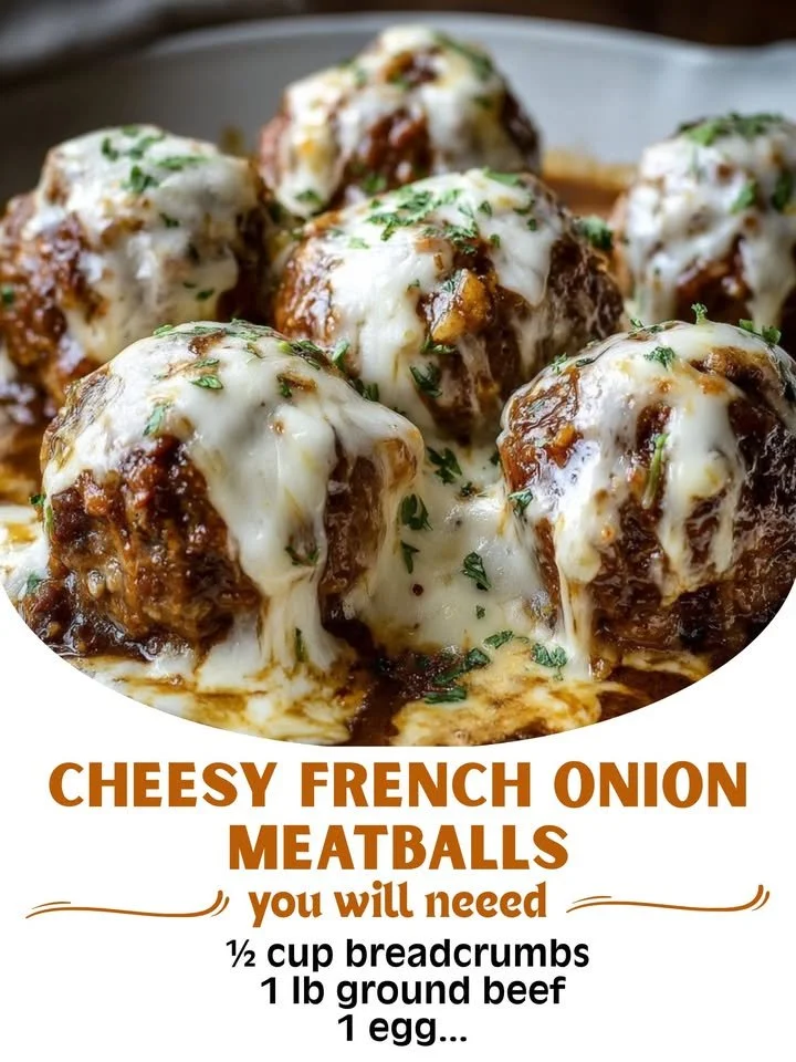 Cheesy French onion meatballs served in a savory sauce with melted cheese.