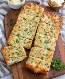 Freshly baked cheesy garlic bread with melted cheese and garlic topping