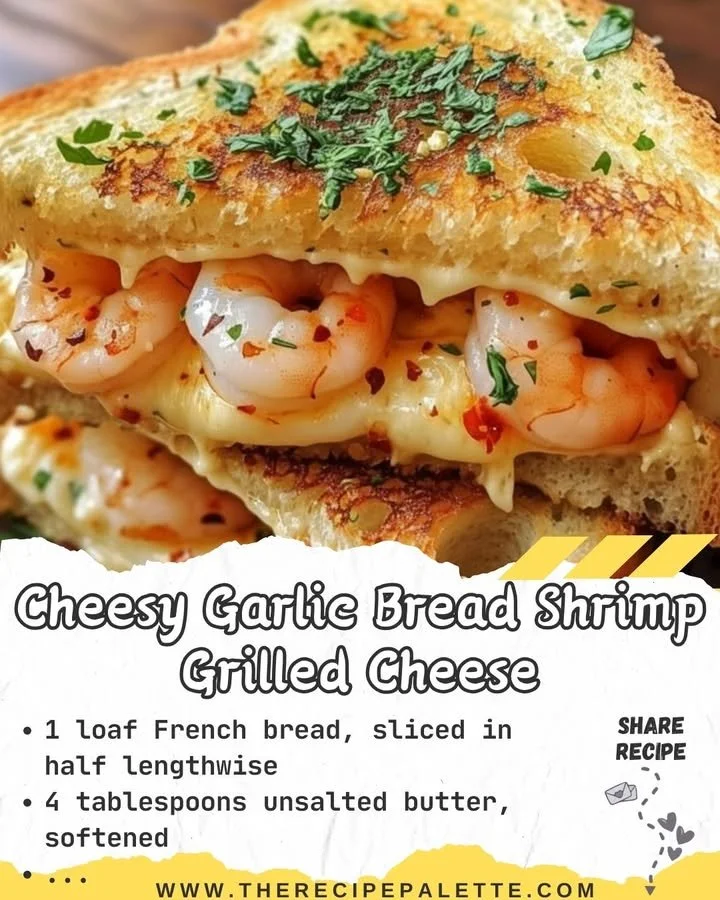 Cheesy garlic bread shrimp grilled cheese sandwich on a plate